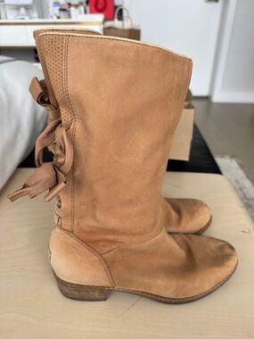 UGG Tan Leather Lace-Up Mid-Calf Boots